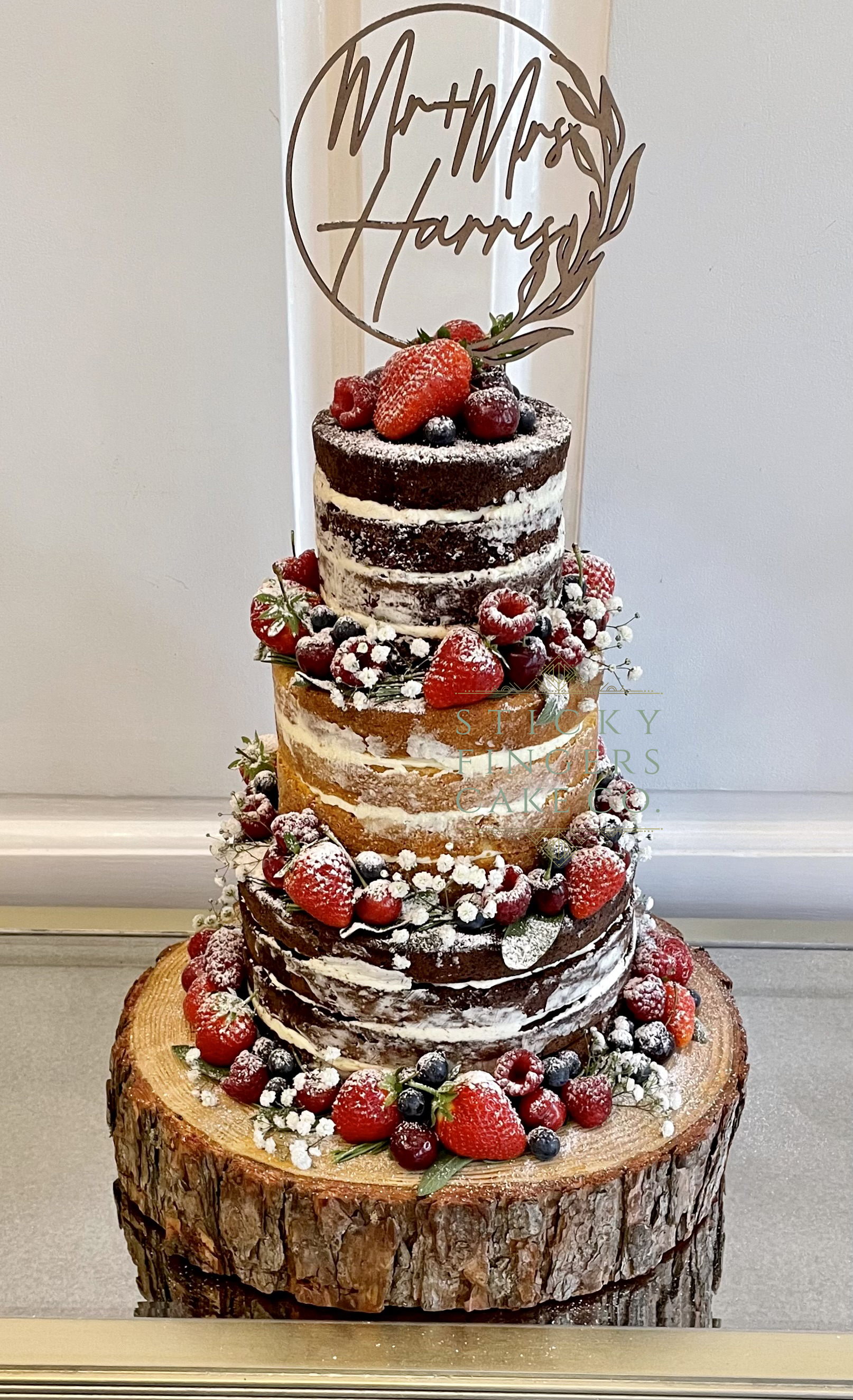 3-tier Naked Wedding Cake displayed at Hutton Hall, Brentwood
