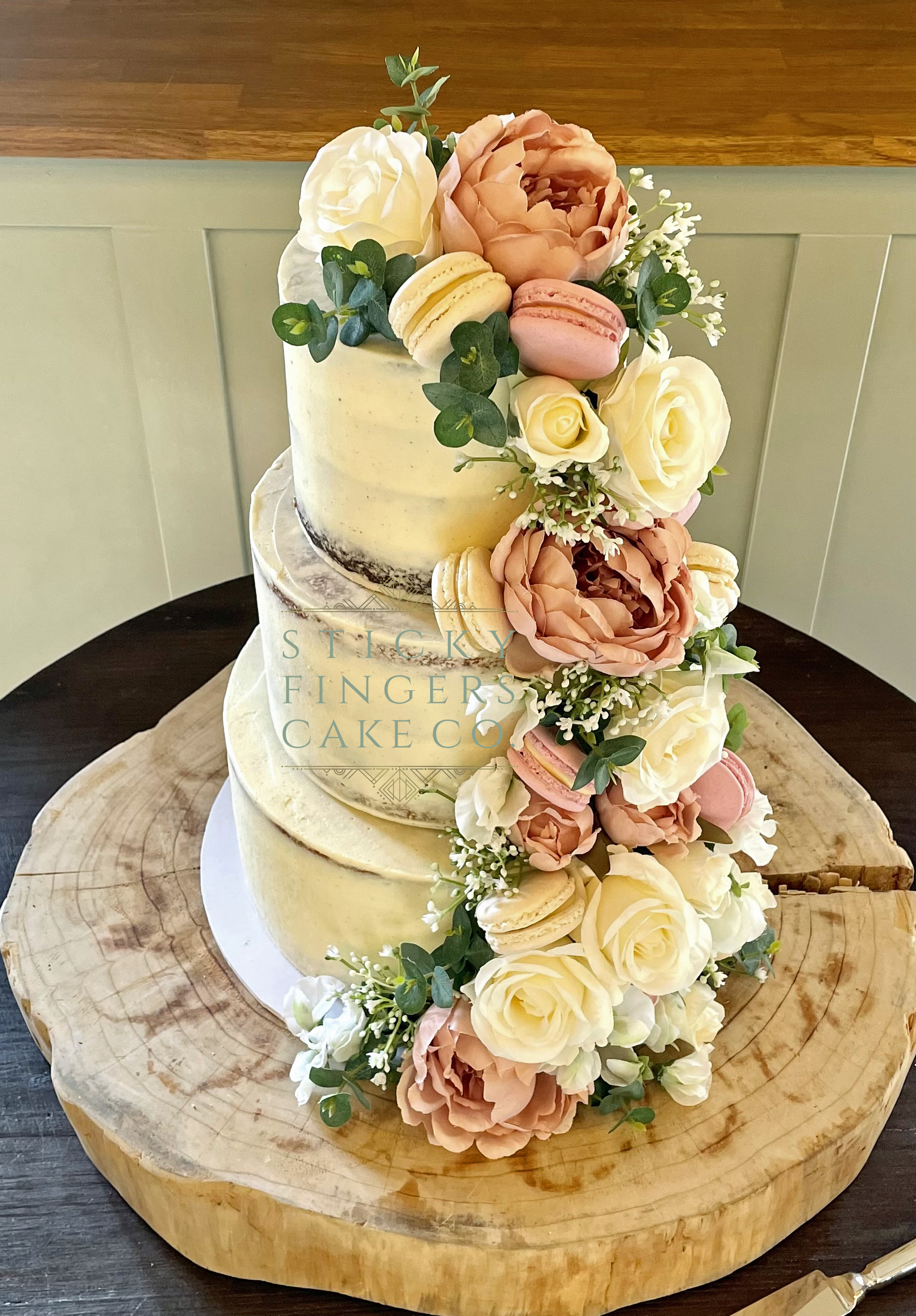 3-Tier Semi Naked Wedding Cake displayed at Apton Hall, Rochford